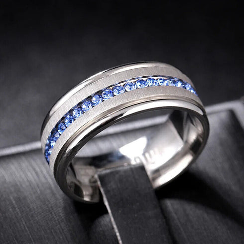 Men's 8mm Brushed Titanium Steel Blue Sapphire CZ Comfort-Fit Wedding Band